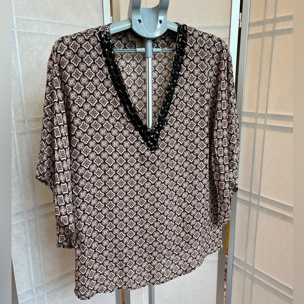 Michael Kors Silk Tunic Top Geometric Print Gemstone Neck Flowy Size S Fits M/L